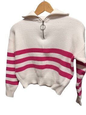 Girls White Half-Zip Sweater with Pink Stripes